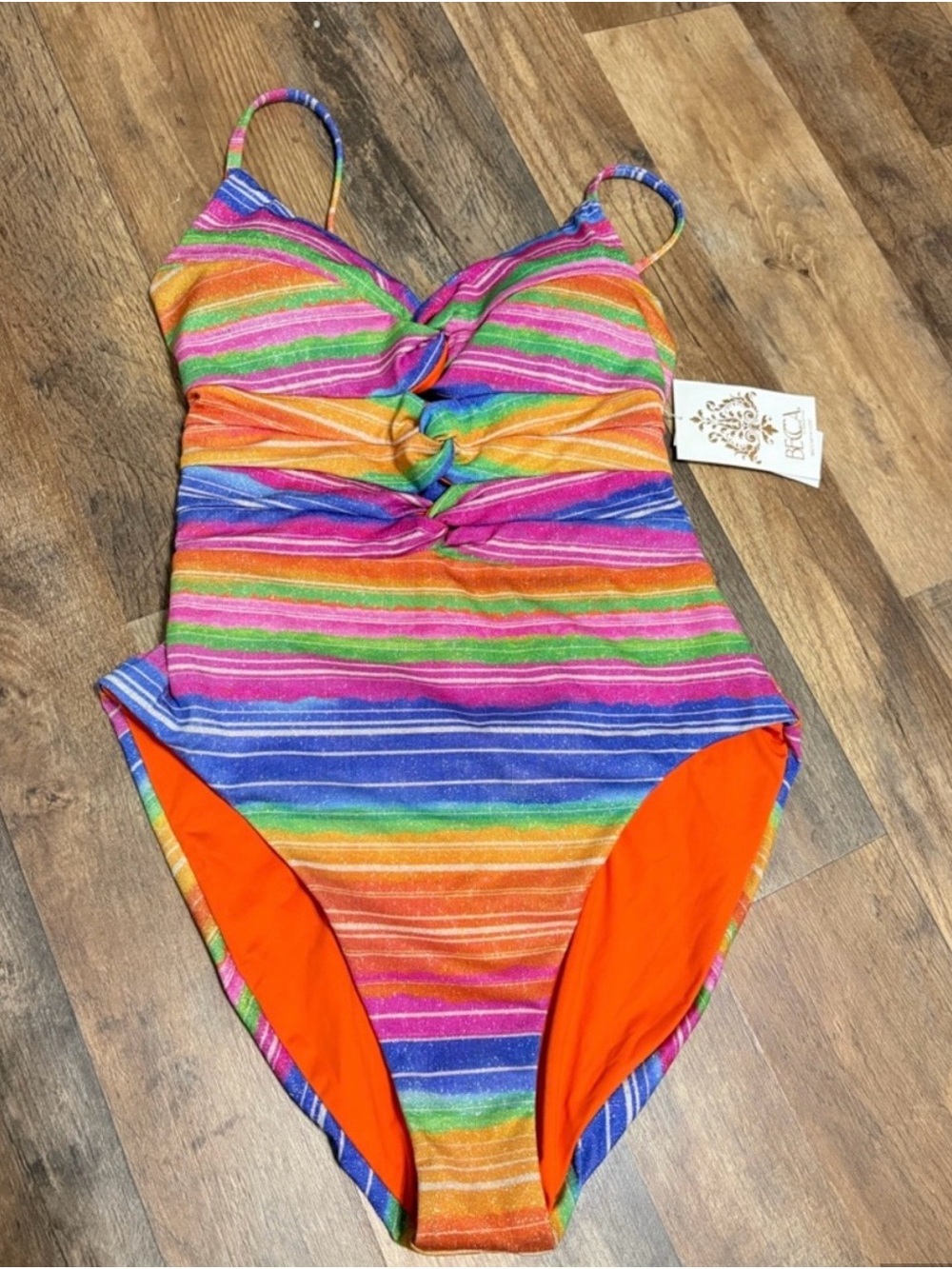 BECCA Rainbow Stripe Twisted Front One-Piece Swimsuit - Multicolor NWT L
